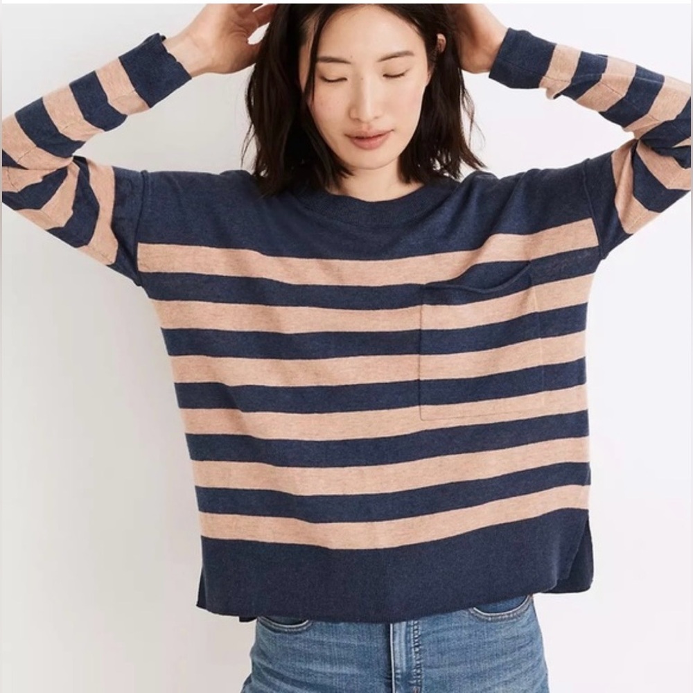 Madewell Lightweight Striped Crew Neck Single Pocket Cotton Blend Sweater